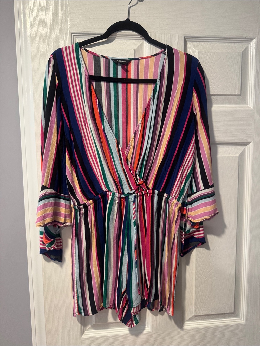 Express Multicolor Striped V-Neck Tunic Romper - Pink, Navy, Green & Cream